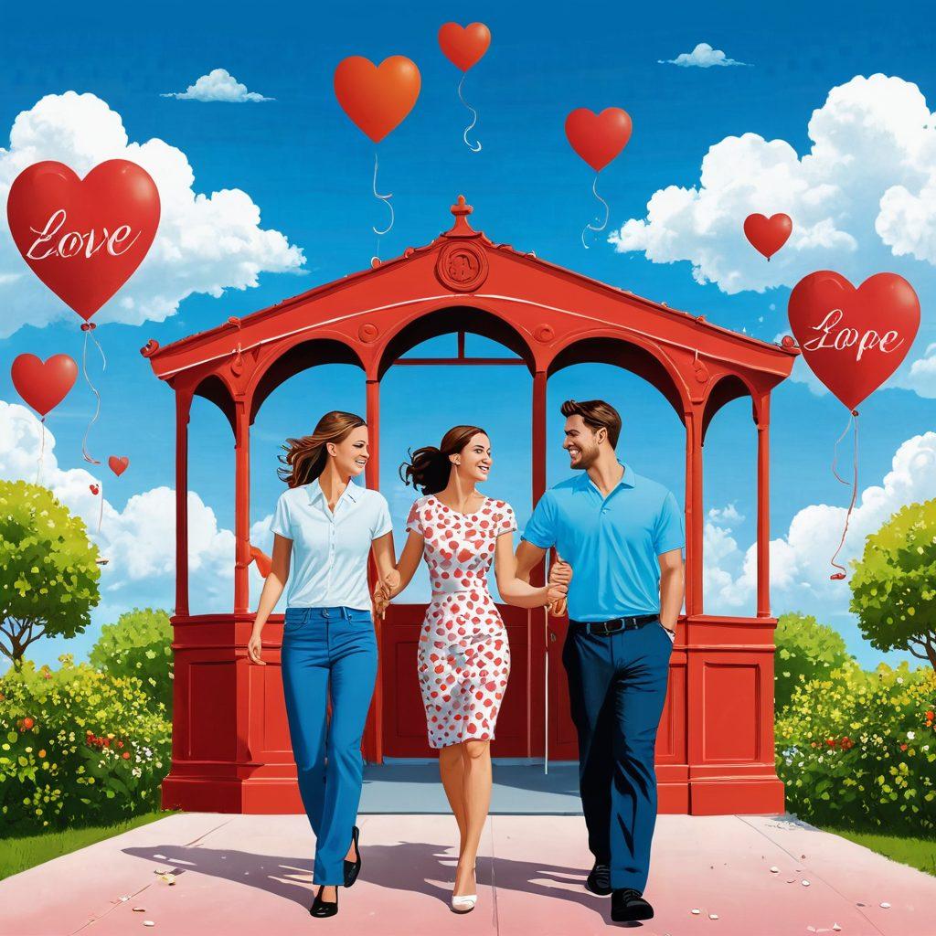 A whimsical illustration depicting a couple joyfully exploring a vibrant insurance marketplace filled with colorful booths. Each booth represents different insurance options, adorned with heart-shaped symbols and protective shields. The backdrop features a bright blue sky and fluffy clouds, symbolizing hope and security in their love story. The couple is holding hands, looking at brochures with excited expressions. vector art. vibrant colors. light-hearted and romantic theme.