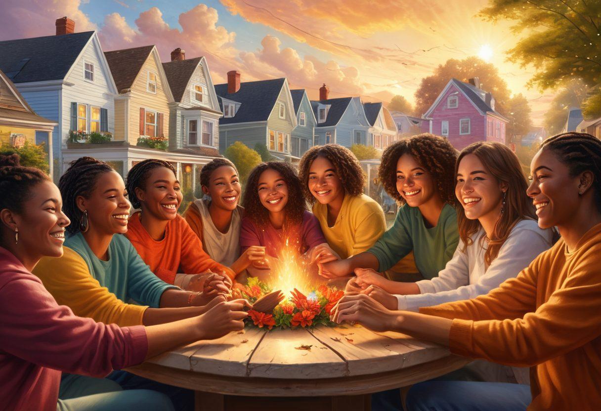 A diverse group of people, smiling and engaging in a community gathering, surrounded by symbols of support like homes, care, and togetherness. Include elements of insurance like protective shields and hands joined in unity, with a backdrop of a vibrant neighborhood. Capture an atmosphere of warmth, trust, and connection. super-realistic. vibrant colors. sunny day.