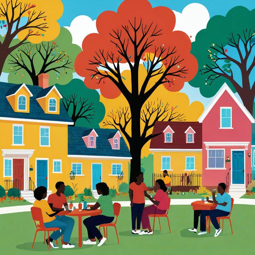 A warm and inviting scene depicting a diverse group of community members in Alief, engaging in a friendly conversation about insurance solutions, surrounded by symbols of love and protection like hearts and shields. The background features a vibrant neighborhood with trees and houses, representing community spirit. Emphasize connection and support among the people. colorful and uplifting. digital illustration. vibrant colors.